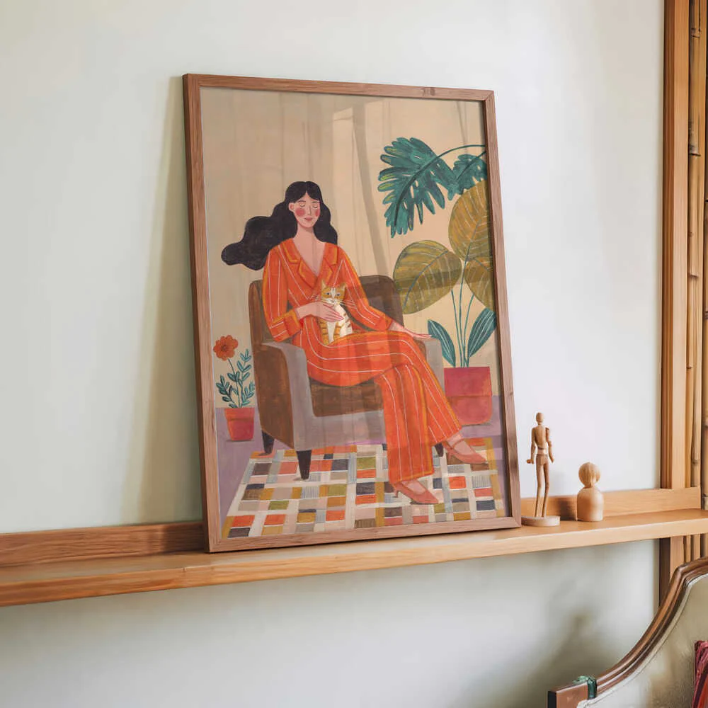 Woman with cat in living room with warm earth tones by Caroline Bonne Müller - Image 2