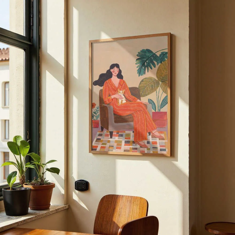 Woman with cat in living room with warm earth tones by Caroline Bonne Müller - Image 4